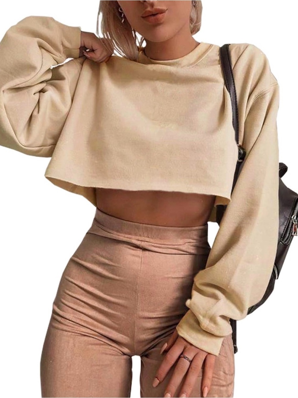 Beige Cropped Sweatshirt Top for Women - Casual Long Sleeve